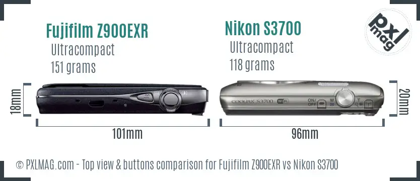 Fujifilm Z900EXR vs Nikon S3700 top view buttons comparison
