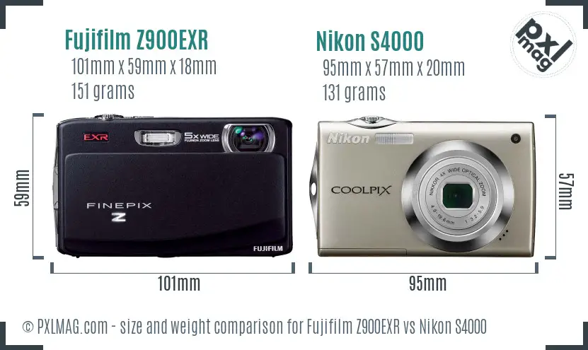 Fujifilm Z900EXR vs Nikon S4000 size comparison