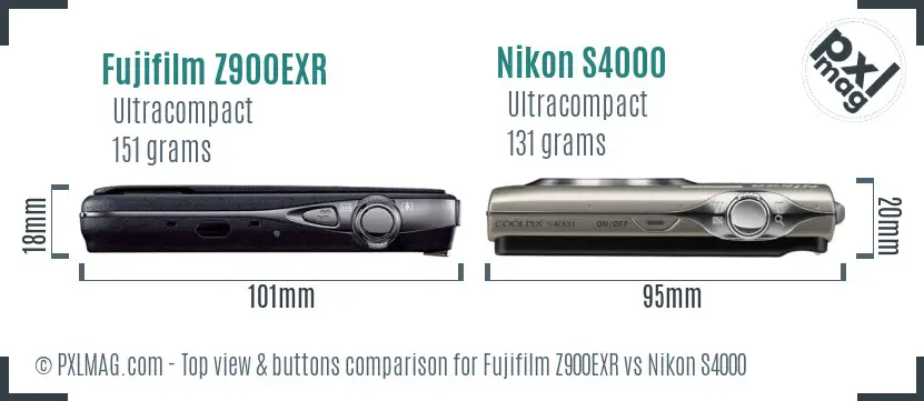 Fujifilm Z900EXR vs Nikon S4000 top view buttons comparison