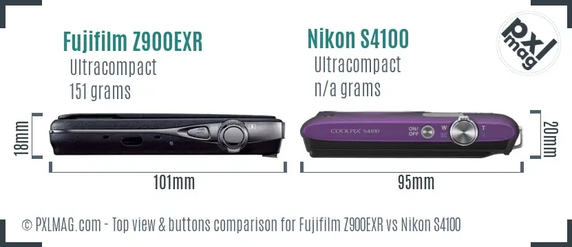Fujifilm Z900EXR vs Nikon S4100 top view buttons comparison
