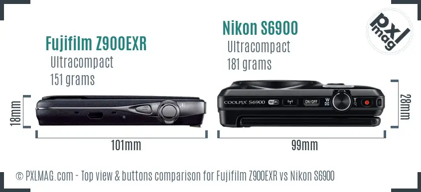 Fujifilm Z900EXR vs Nikon S6900 top view buttons comparison