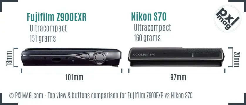 Fujifilm Z900EXR vs Nikon S70 top view buttons comparison