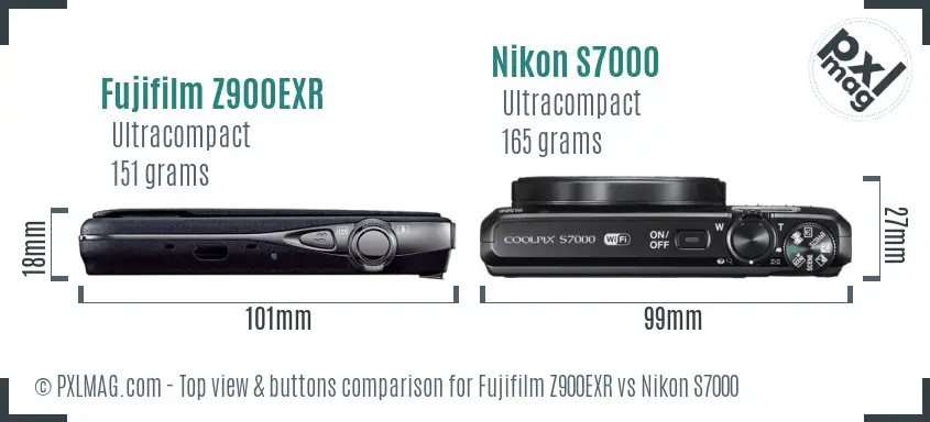 Fujifilm Z900EXR vs Nikon S7000 top view buttons comparison Fujifilm Z900EXR vs Nikon S7000 top view buttons comparison