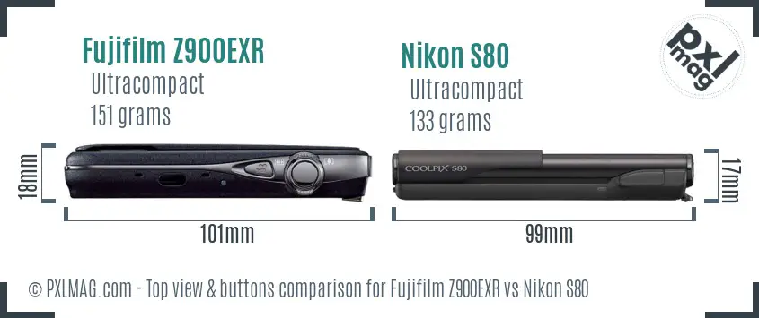 Fujifilm Z900EXR vs Nikon S80 top view buttons comparison Fujifilm Z900EXR vs Nikon S80 top view buttons comparison