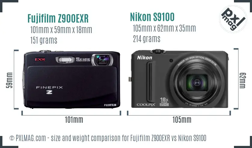 Fujifilm Z900EXR vs Nikon S9100 size comparison