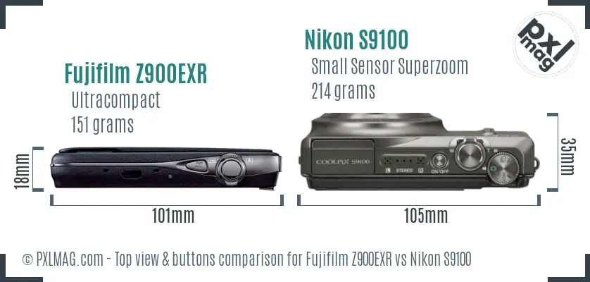 Fujifilm Z900EXR vs Nikon S9100 top view buttons comparison