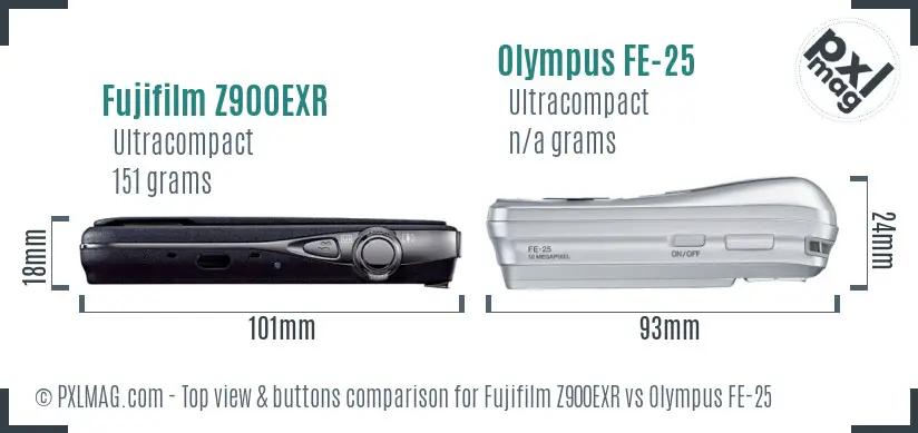 Fujifilm Z900EXR vs Olympus FE-25 top view buttons comparison