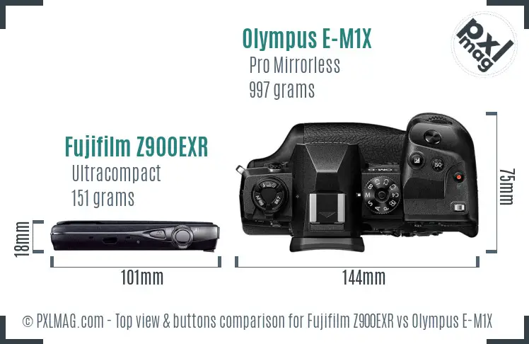 Fujifilm Z900EXR vs Olympus E-M1X top view buttons comparison