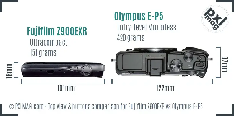 Fujifilm Z900EXR vs Olympus E-P5 top view buttons comparison