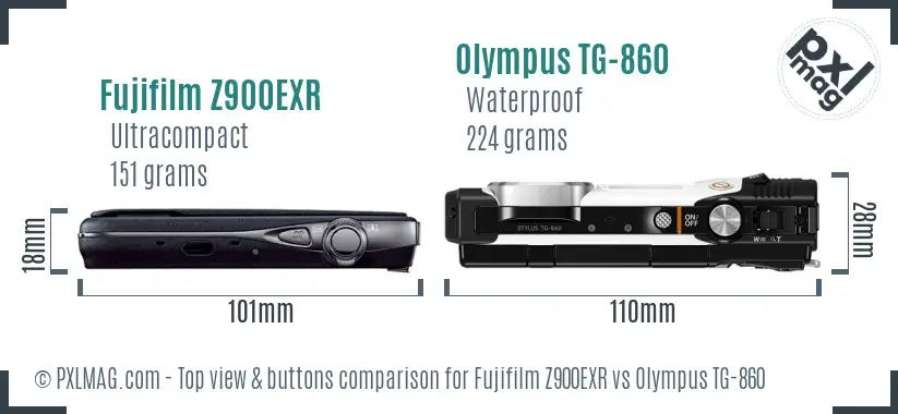 Fujifilm Z900EXR vs Olympus TG-860 top view buttons comparison