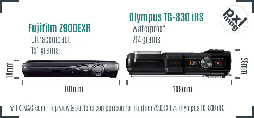 Fujifilm Z900EXR vs Olympus TG-830 iHS top view buttons comparison