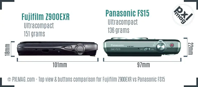 Fujifilm Z900EXR vs Panasonic FS15 top view buttons comparison