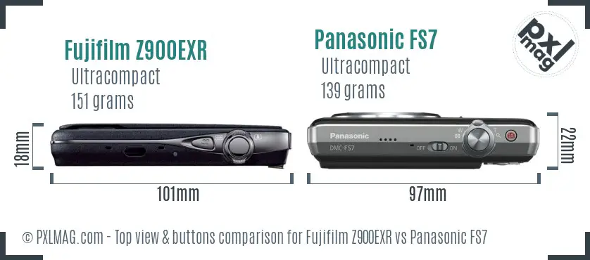 Fujifilm Z900EXR vs Panasonic FS7 top view buttons comparison Fujifilm Z900EXR vs Panasonic FS7 top view buttons comparison
