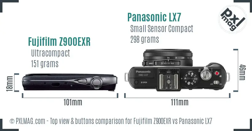 Fujifilm Z900EXR vs Panasonic LX7 top view buttons comparison