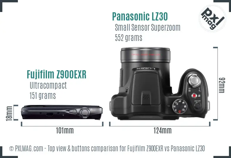 Fujifilm Z900EXR vs Panasonic LZ30 top view buttons comparison