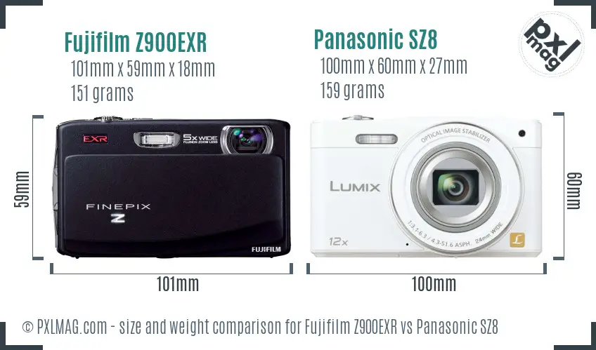 Fujifilm Z900EXR vs Panasonic SZ8 size comparison