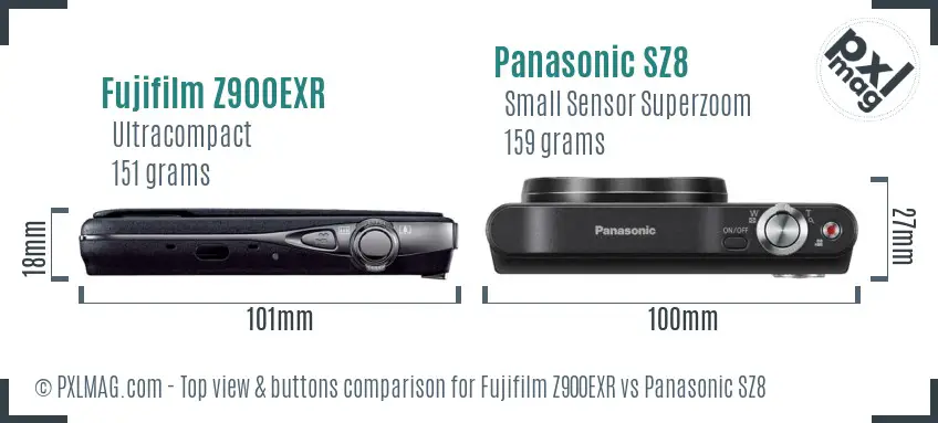 Fujifilm Z900EXR vs Panasonic SZ8 top view buttons comparison