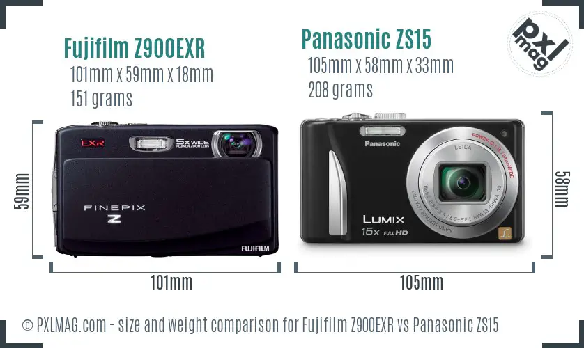 Fujifilm Z900EXR vs Panasonic ZS15 size comparison
