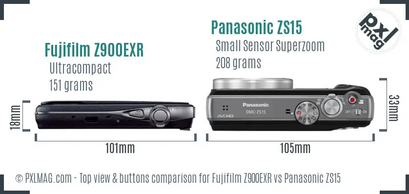 Fujifilm Z900EXR vs Panasonic ZS15 top view buttons comparison
