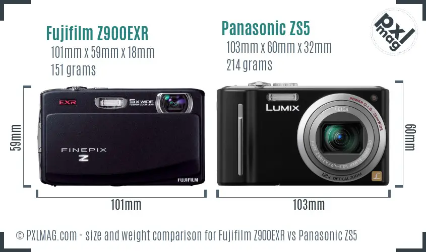 Fujifilm Z900EXR vs Panasonic ZS5 size comparison