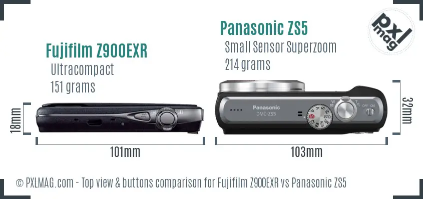 Fujifilm Z900EXR vs Panasonic ZS5 top view buttons comparison