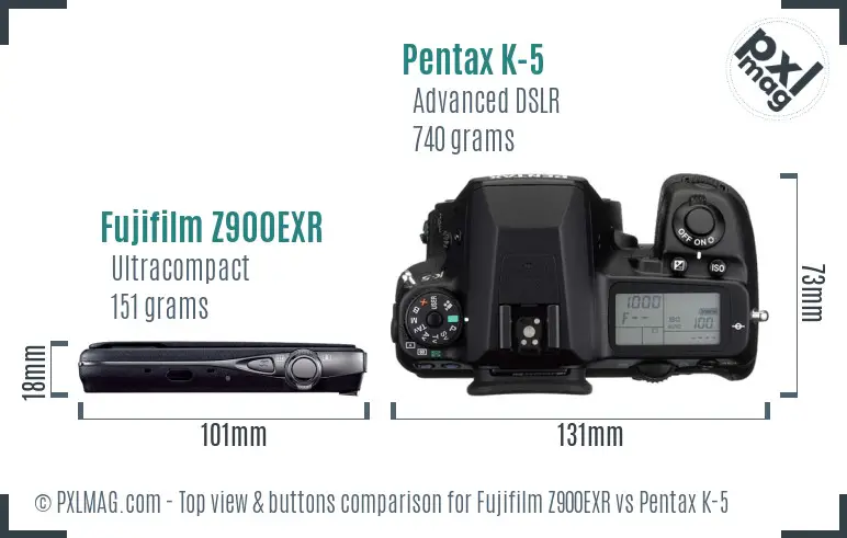 Fujifilm Z900EXR vs Pentax K-5 top view buttons comparison