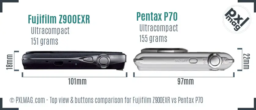 Fujifilm Z900EXR vs Pentax P70 top view buttons comparison