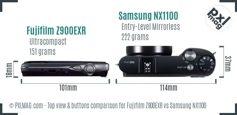 Fujifilm Z900EXR vs Samsung NX1100 top view buttons comparison