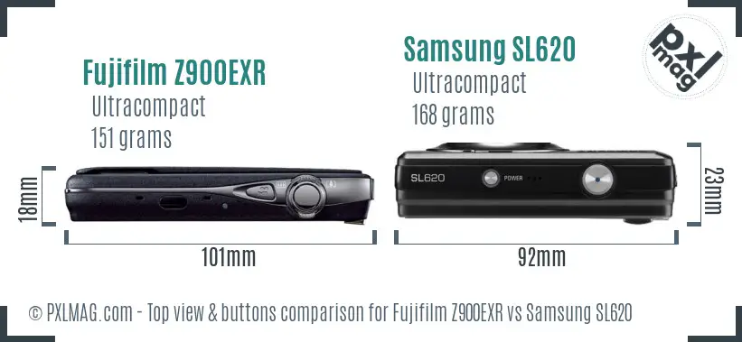 Fujifilm Z900EXR vs Samsung SL620 top view buttons comparison