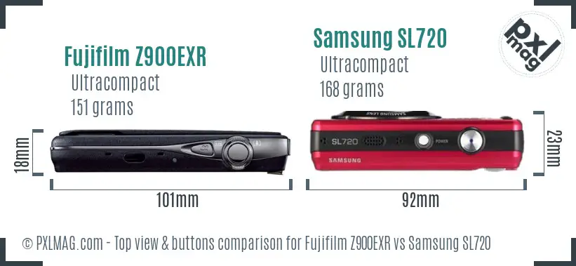 Fujifilm Z900EXR vs Samsung SL720 top view buttons comparison