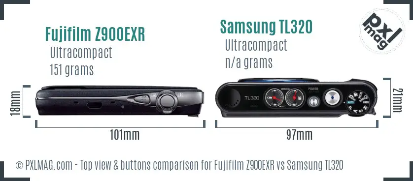 Fujifilm Z900EXR vs Samsung TL320 top view buttons comparison