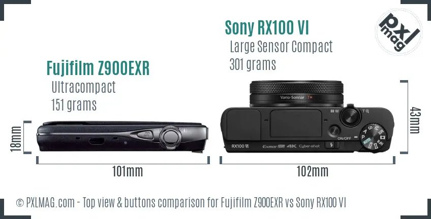 Fujifilm Z900EXR vs Sony RX100 VI top view buttons comparison