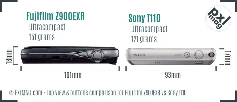 Fujifilm Z900EXR vs Sony T110 top view buttons comparison