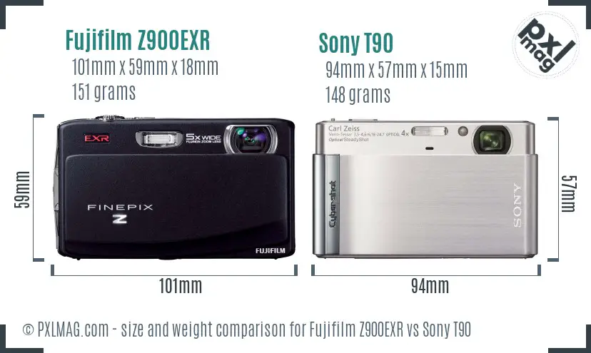 Fujifilm Z900EXR vs Sony T90 size comparison