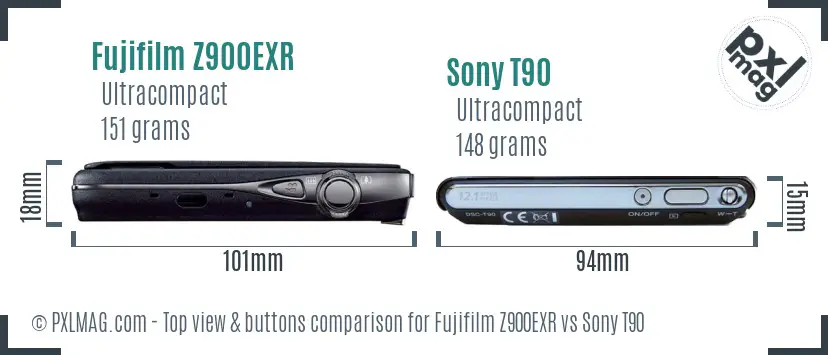 Fujifilm Z900EXR vs Sony T90 top view buttons comparison