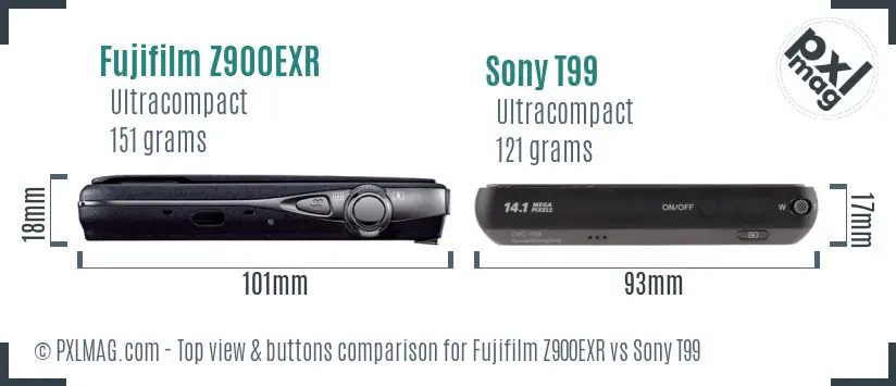 Fujifilm Z900EXR vs Sony T99 top view buttons comparison