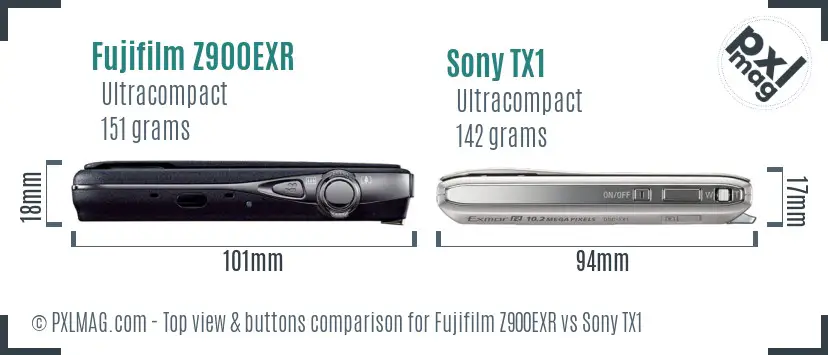 Fujifilm Z900EXR vs Sony TX1 top view buttons comparison