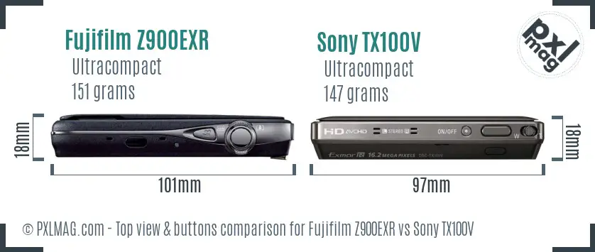 Fujifilm Z900EXR vs Sony TX100V top view buttons comparison
