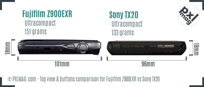 Fujifilm Z900EXR vs Sony TX20 top view buttons comparison