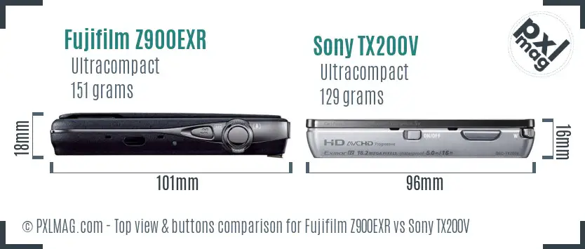 Fujifilm Z900EXR vs Sony TX200V top view buttons comparison