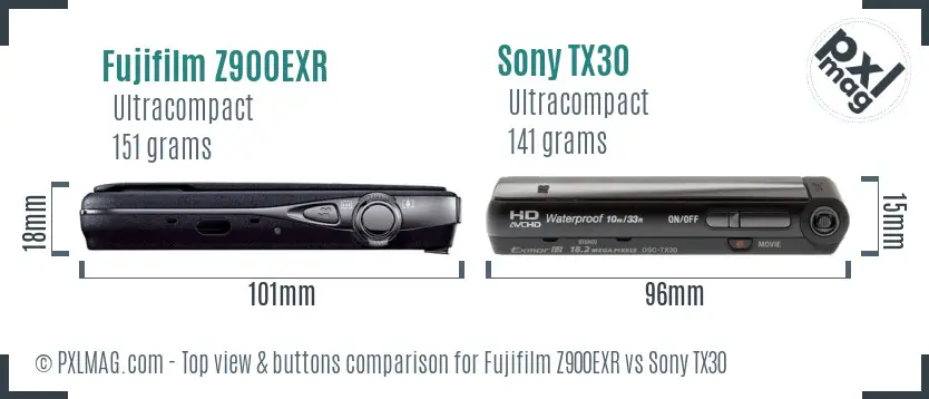 Fujifilm Z900EXR vs Sony TX30 top view buttons comparison