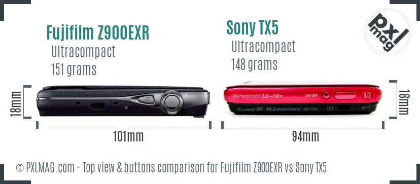 Fujifilm Z900EXR vs Sony TX5 top view buttons comparison