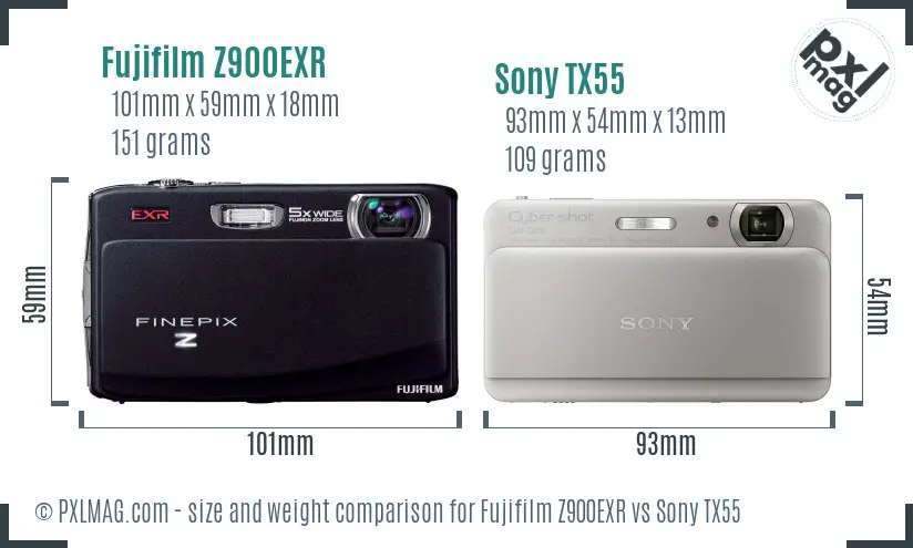 Fujifilm Z900EXR vs Sony TX55 size comparison