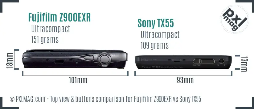 Fujifilm Z900EXR vs Sony TX55 top view buttons comparison