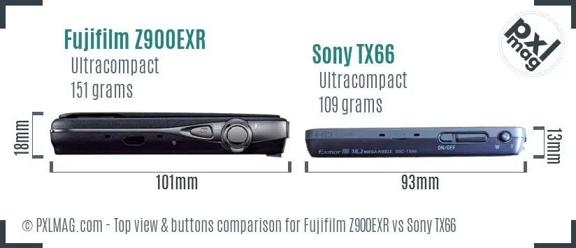 Fujifilm Z900EXR vs Sony TX66 top view buttons comparison