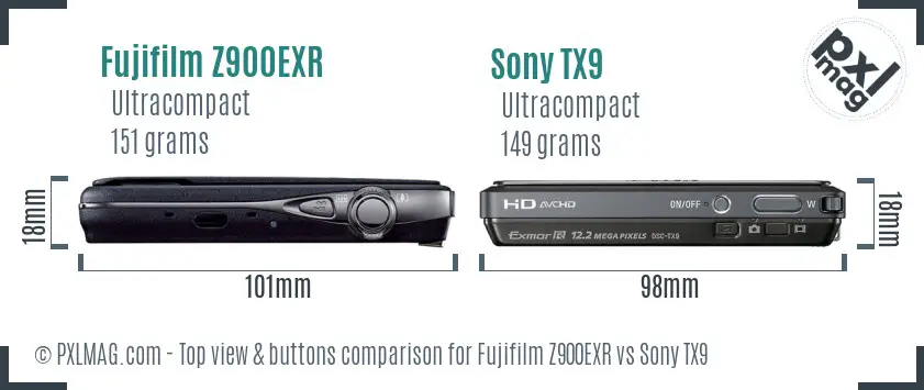 Fujifilm Z900EXR vs Sony TX9 top view buttons comparison