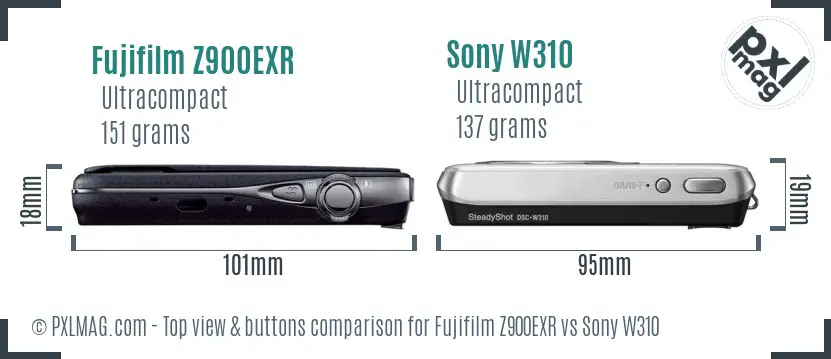 Fujifilm Z900EXR vs Sony W310 top view buttons comparison