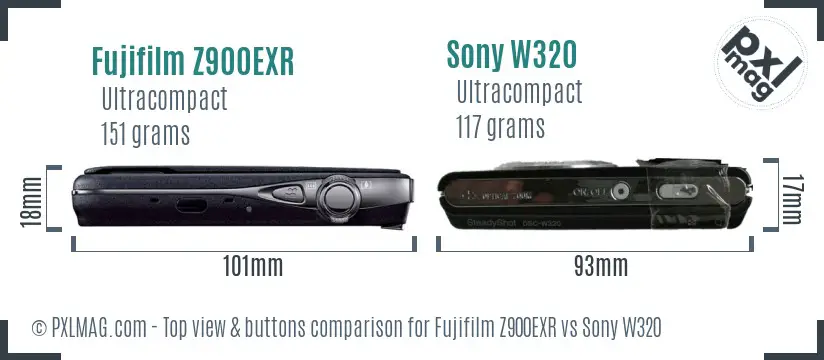 Fujifilm Z900EXR vs Sony W320 top view buttons comparison