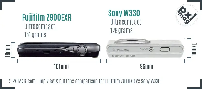 Fujifilm Z900EXR vs Sony W330 top view buttons comparison