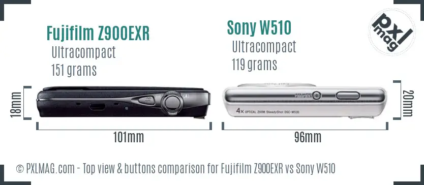 Fujifilm Z900EXR vs Sony W510 top view buttons comparison